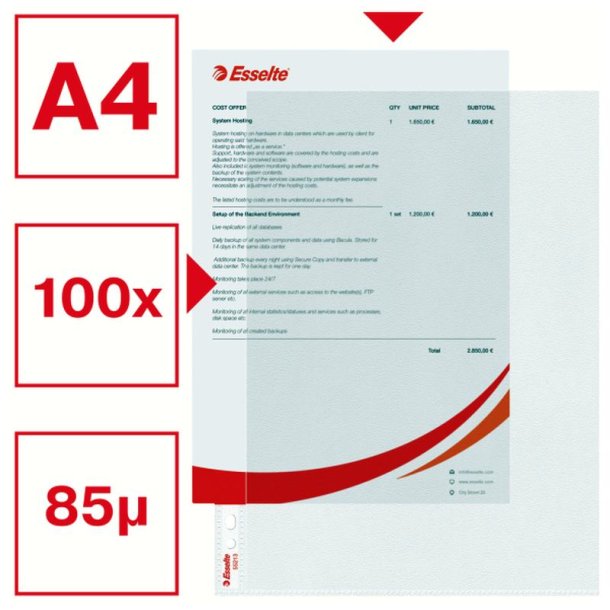 Esselte plastlommer A4 - 85my - 30% recycled - 100 stk.
