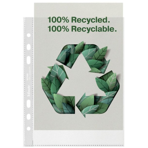 Esselte A5 plastlommer<br>70my prget chartek<br>Pakke med 100 stk. 100% recycled