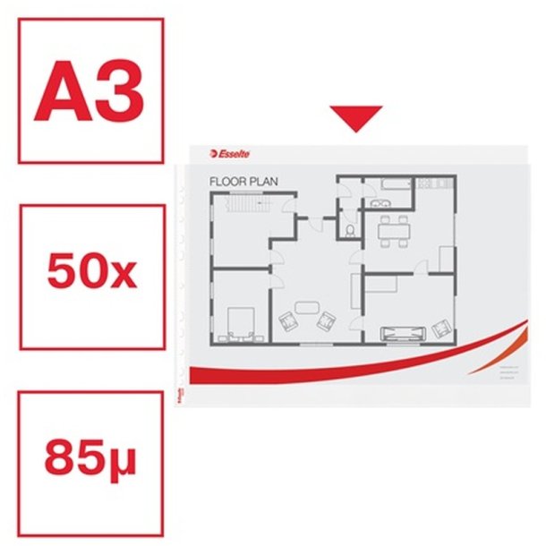 Esselte plastlommer A3 - 85my - 30% recycled - 50 stk. Liggende