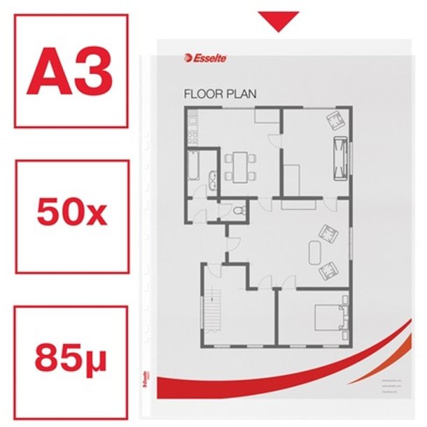 Esselte plastlommer A3 - 85my - 30% recycled - 50 stk. stende