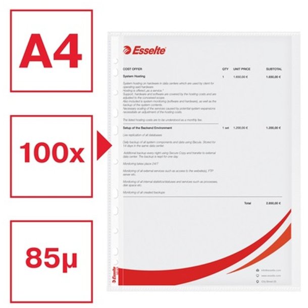 Esselte plastlommer A4 - 85my - 30% recycled - 100 stk.