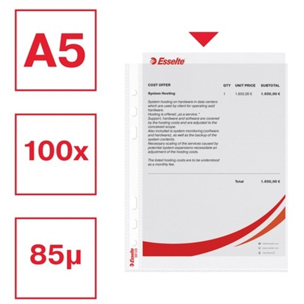 Esselte plastlommer A5 - 85my - 30% recycled - 10 stk.
