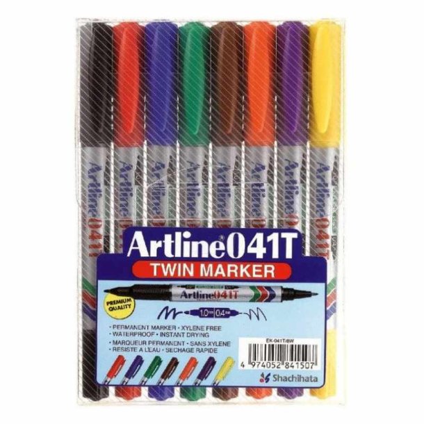 Artline permanent marker 041T - rund Spids - 2-i-1 - 0,4 + 1,0 mm - 2-i-1 - Pakke med 8 farver