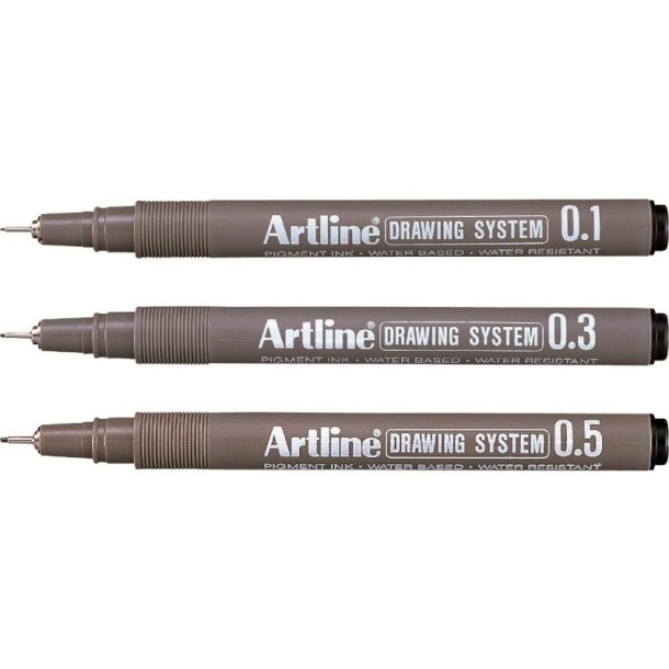 Artline Drawing System - tegnepen - Fibre Spids - st med 3 stk. - 0,1/0,3/0,5 mm - sort
