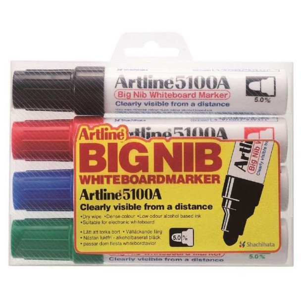 Artline Whiteboard Pen 5100A - ekstra Stor rund Spids - 5,0 mm - st med 4 farver