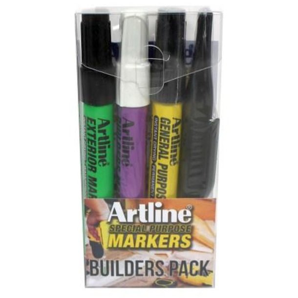 Artline Bygherre marker kit - Bygherre sort, udendrs sort, General purpose sort og lang Spids rd.