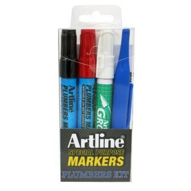 Artline VVS marker kit - 1xVVS sort, 1xVVS rd, 1xfuge Pen hvid og 1xlang Spids bl