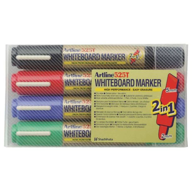 Artline whiteboard marker 2-i-1 4-s�t assorterede farver