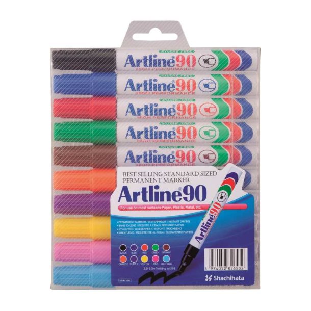 Artline permanent marker 90 - skr chisel Spids - 2,0-5,0 mm - st med 10 farver