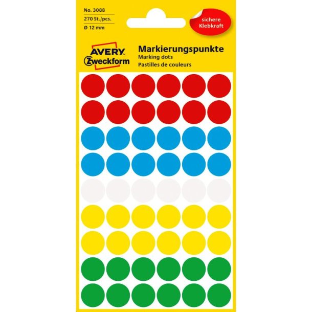Avery 3088 runde selvklbende etiketter p ark - 12 mm - 270 perm. farvet etiketter