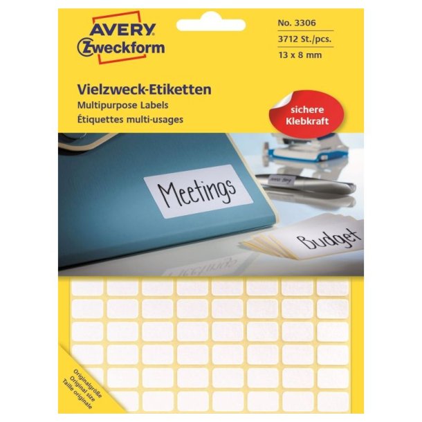 Avery etiketter - hvide p ark<br>13,0mmx8,0mm - 3712 etiketter<br>Permanent klbende