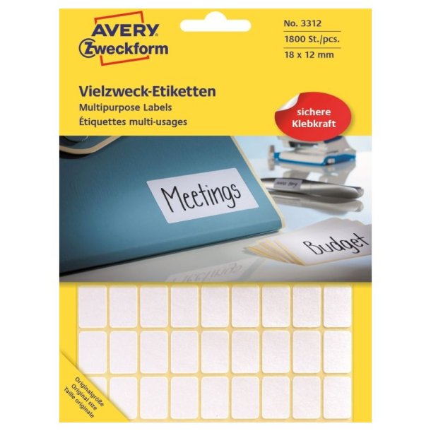 Avery etiketter - hvide p ark<br>12,0mmx18,0mm - 1800 etiketter<br>Permanent klbende