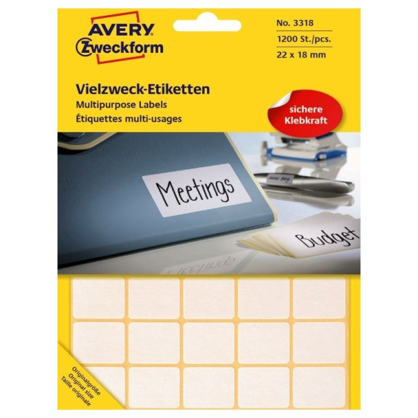 Avery etiketter - hvide p ark<br>22,0mmx18,0mm - 1200 etiketter<br>Permanent klbende