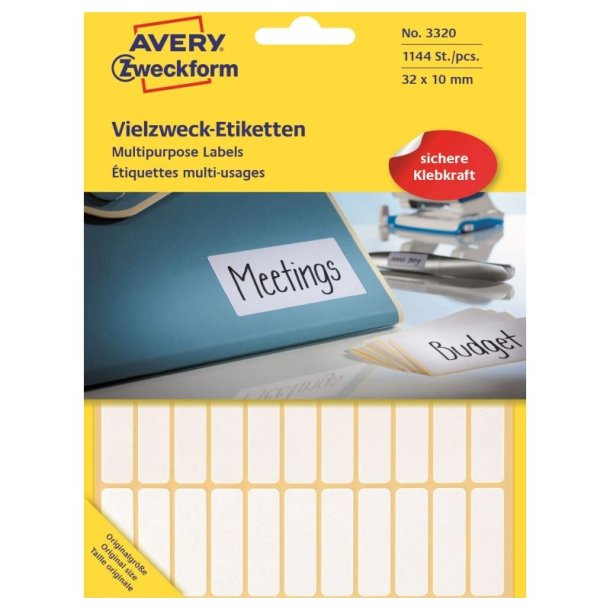 Avery etiketter - hvide p ark<br>32,0mmx10,0mm - 1144 etiketter<br>Permanent klbende