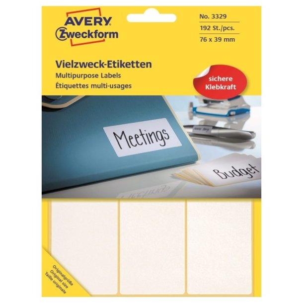 Avery etiketter - hvide p ark<br>76,0mmx39,0mm - 192 etiketter<br>Permanent klbende