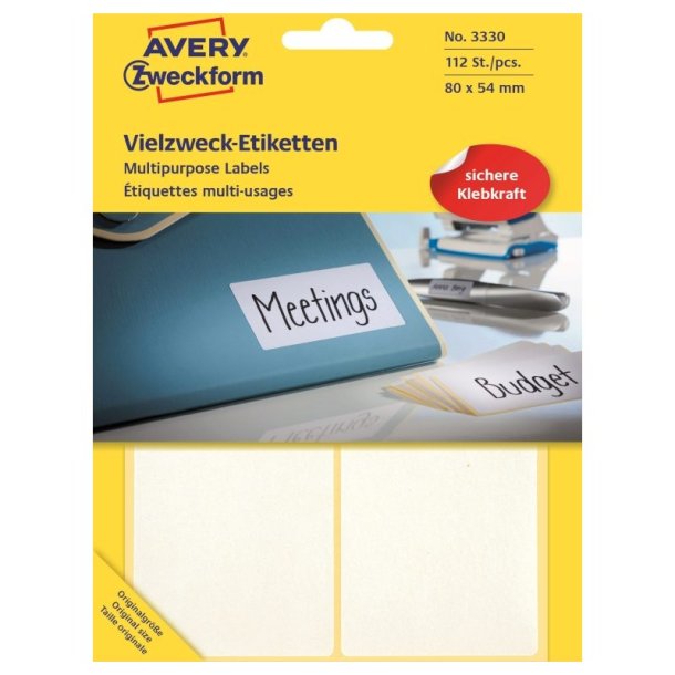 Avery etiketter - hvide p ark<br>80,0mmx54,0mm - 122 etiketter<br>Permanent klbende