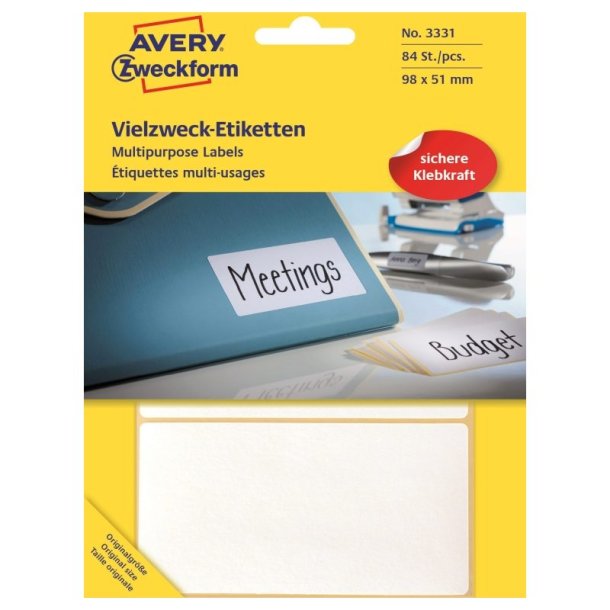 Avery etiketter - hvide p ark<br>98,0mmx51,0mm - 84 etiketter<br>Permanent klbende