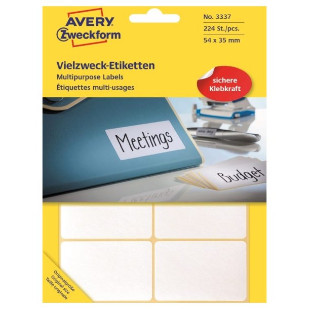 Avery etiketter - hvide p ark<br>54,0mmx35,0mm - 224 etiketter<br>Permanent klbende