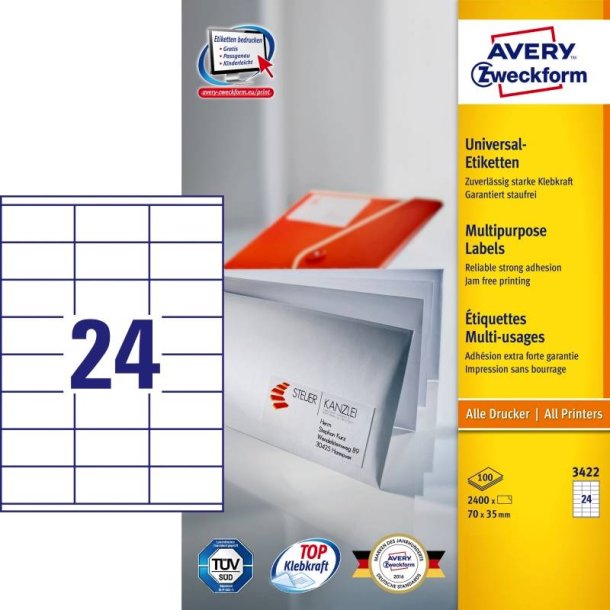 Avery etiketter - hvide p A4<br>70,0mmx35,0mm - 2400 etiketter<br>ILC universal