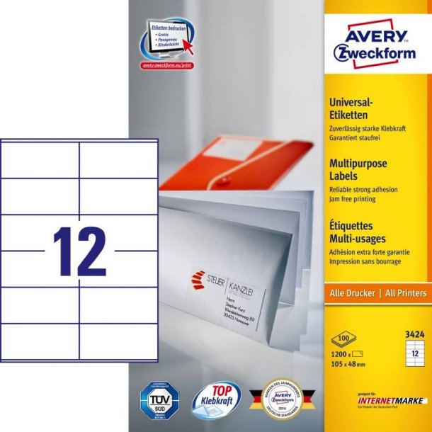 Avery etiketter - hvide p A4<br>105,0mmx48,0mm - 1200 etiketter<br>ILC universal