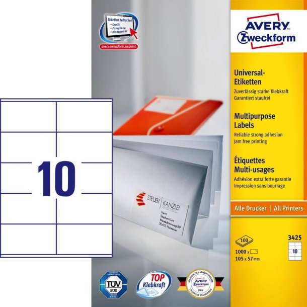 Avery etiketter - hvide p A4<br>105,0mmx57,0mm - 1000 etiketter<br>ILC universal