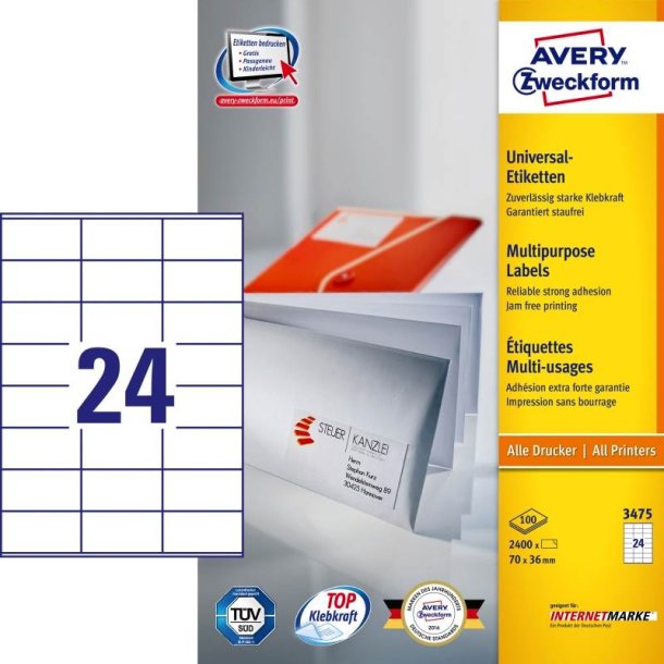 Avery etiketter - hvide p A4<br>70,0mmx36,0mm - 2400 etiketter<br>ILC universal