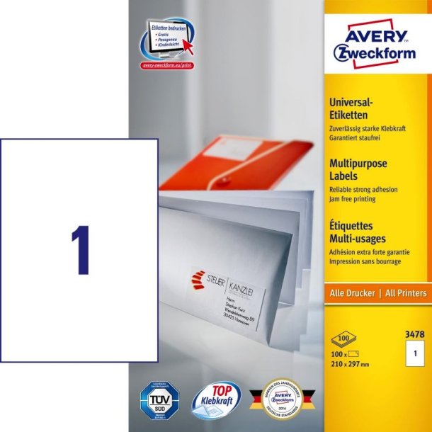 Avery etiketter - hvide p A4<br>210,0mmx297,0mm - 100 etiketter<br>ILC universal