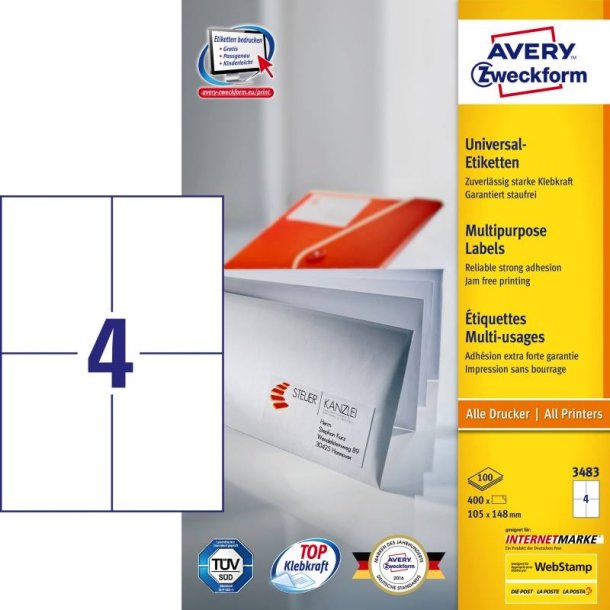 Avery etiketter - hvide p A4<br>105,0mmx148,0mm - 400 etiketter<br>ILC universal