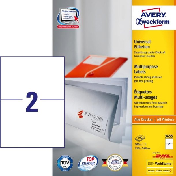 Avery etiketter - hvide p A4<br>210,0mmx148,0mm - 200 etiketter<br>ILC universal