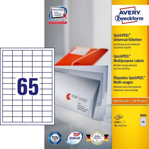 Avery etiketter - hvide p A4<br>38,0mmx21,2mm - 6500 etiketter<br>ILC universal