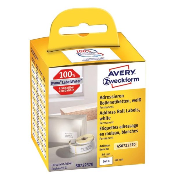 Avery adresseetiketter - p rulle - 89,0mmx28,0mm - 2 ruller - 260 hvide etiketter