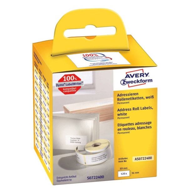 Avery adresseetiketter - p rulle - 89,0mmx36,0mm - 2ruller - 520 hvide etiketter