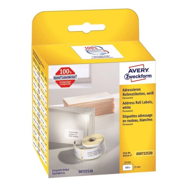 Avery adresseetiketter - p rulle - 54,0mmx25,0mm - 500 hvide etiketter