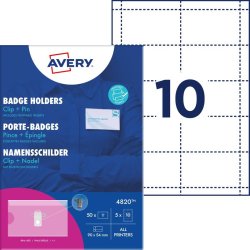 Avery Navneskilteholder - m/klips og sikkerhedsn�l - 54x90 mm - 50 stk.