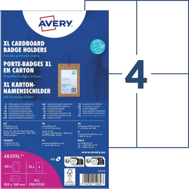 Avery Navneskilteholder - karton - XL 105x148 mm - 50 stk.