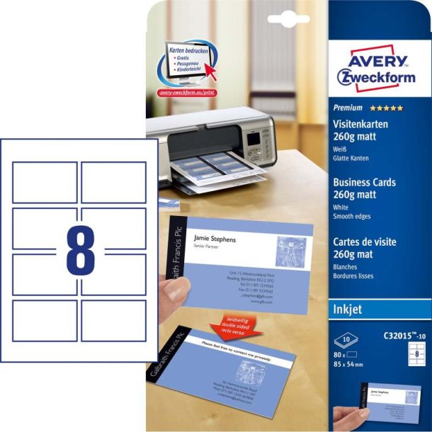 Avery Visitkort - mat - 260g - 85x54 - Inkjet - 80 stk.
