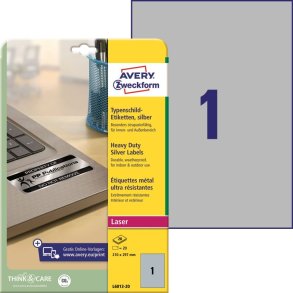 Avery etiketter - slv p A4 - 210,0mmx297,0mm - 20 etiketter - ekstra strke Polyester