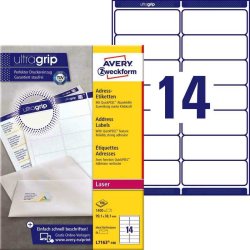 Avery Adresseetiketter - p A4 ark - 99,1mmx38,1mm - 1400 etiketter - Quickpeel + Ultragrib