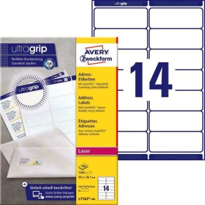 Avery Adresseetiketter - p A4 ark - 99,1mmx38,1mm - 1400 etiketter - Quickpeel + Ultragrib