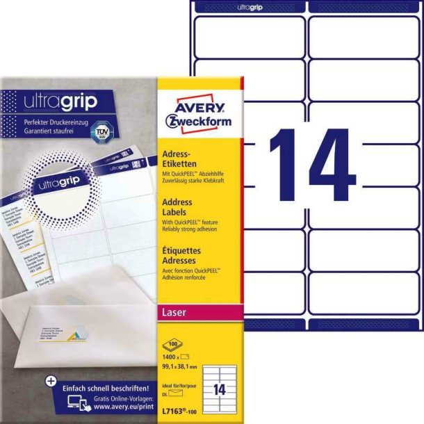 Avery Adresseetiketter - p A4 ark<br>99,1mmx38,1mm - 1400 etiketter<br>Quickpeel + Ultragrib