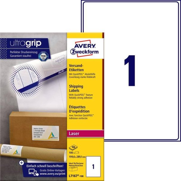 Avery adresseetiketter - p A4 ark<br>199,6mmx289,1mm - 100 etiketter<br>Quickpeel + Ultragrib