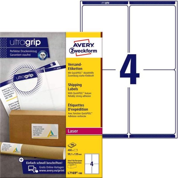 Avery Adresseetiketter - p A4 ark<br>99,1mmx139,0mm - 400 etiketter<br>Quickpeel + Ultragrib