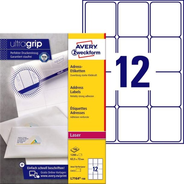 Avery Adresseetiketter - p A4 ark<br>63,5mmx72,0mm - 1200 etiketter<br>Permanente QP+UG