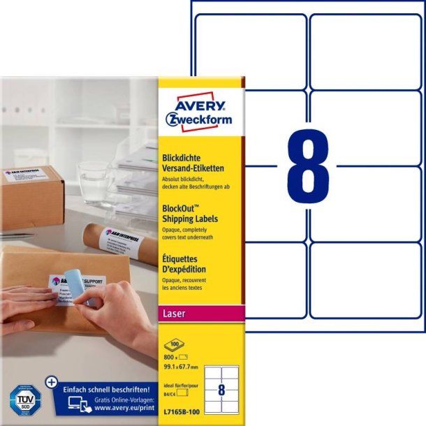 Avery Adresseetiketter - p A4 ark<br>99,1mmx67,7mm - 800 etiketter<br>Permanente BlockOut