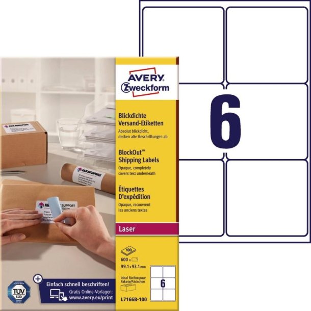 Avery Adresseetiketter - p A4 ark<br>99,1mmx93,1mm - 600 etiketter<br>Permanente BlockOut