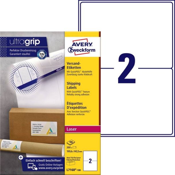 Avery Adresseetiketter - p A4 ark<br>199,6mmx143,5mm - 200 etiketter<br>Permanente QP+UG