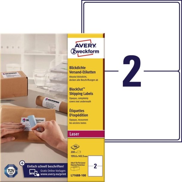 Avery Adresseetiketter - p A4 ark<br>199,6mmx143,5mm - 200 etiketter<br>Permanente BlockOut