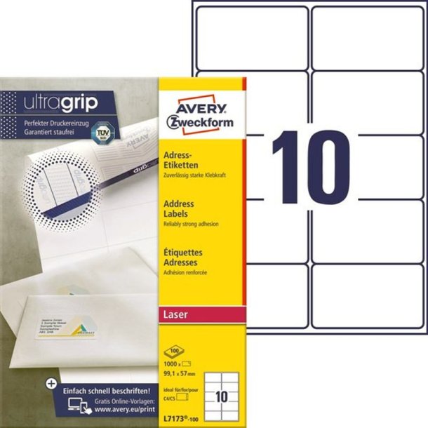 Avery Adresseetiketter - p A4 ark<br>99,1mmx57,0mm - 1000 etiketter<br>Permanente QP+UG