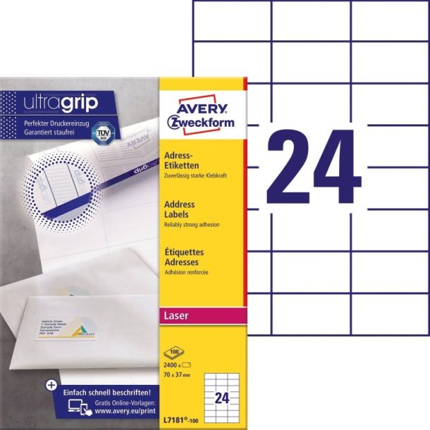 Avery Adresseetiketter - p A4 ark<br>70,0mmx37,0mm - 2400 etiketter<br>Permanente Ultragrib