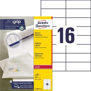Avery Adresseetiketter - p A4 ark - 105,0mmx37,0mm - 1600 etiketter - Permanente Ultragrib